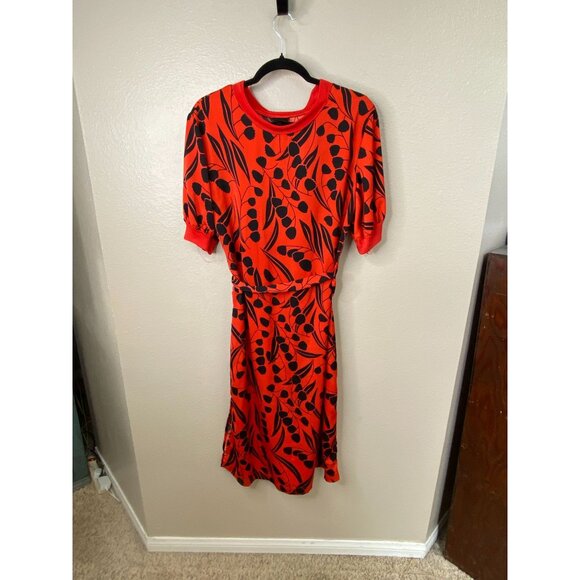 Who What Wear Womens Red Midi Dress Black Leaf Print Size S Belted Polyester - Picture 1 of 7